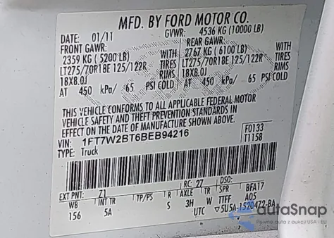 2011 Ford F-250 Lariat from USA, damaged, VIN 1FT7W2BT6BEB94216